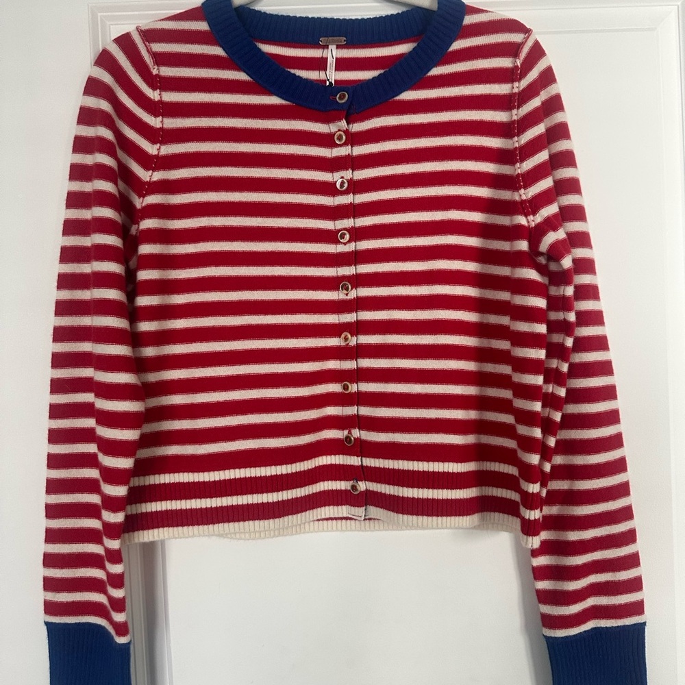 Free People Red and White Striped Cardigan NWOT - Picture 2 of 5